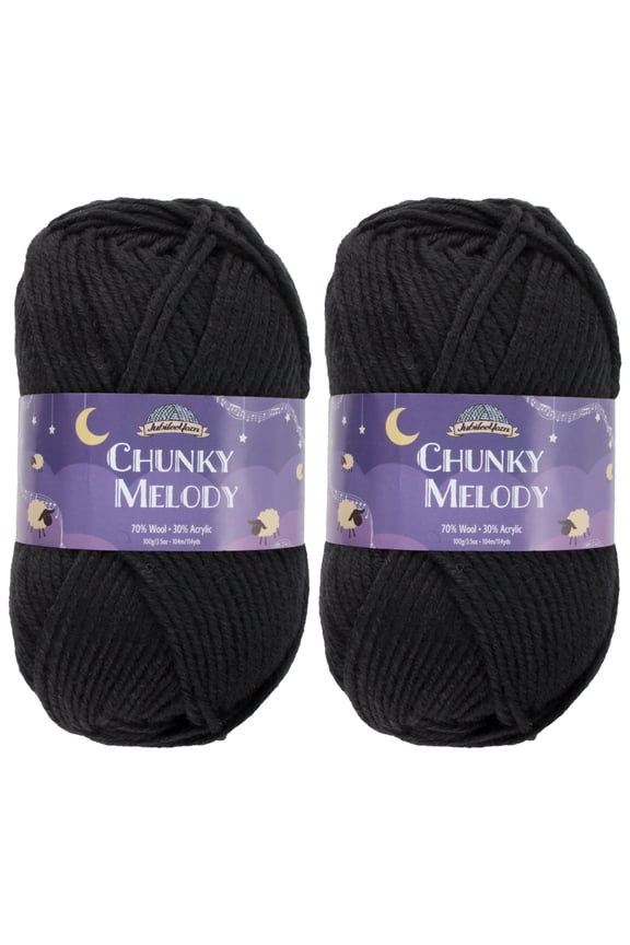 JubileeYarn Chunky Melody Yarn - 100g/Skein Bulky Wool Blend - Black - 2 Skeins