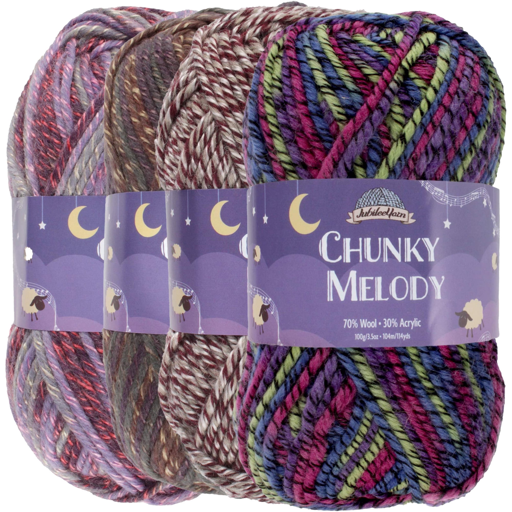 JubileeYarn Chunky Melody Yarn - 100g/Skein Bulky Wool Blend - Shades of Purple - 4 Skeins