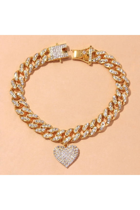 Chunky Miami Heart Shaped Cuban Link Foot Chain Anklet Bracelet Rhinestone