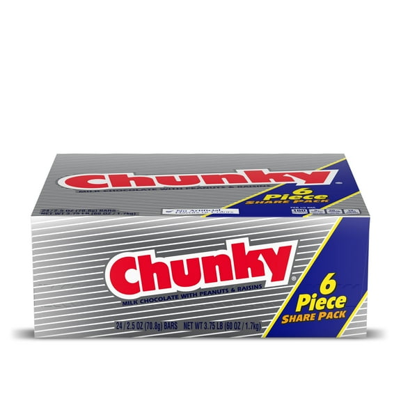 Chunky, Milk Chocolate with Peanuts and Raisins, Individually Wrapped Candy Bar, Share Pack 2.5.oz each, Bulk 24 Pack