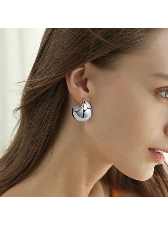Chunky Moon Earrings for Women, Silver Drop Dangle Trendy Stud Earring Christmas Valentine's Day Birthday Gifts for Her Girlfriend Wife