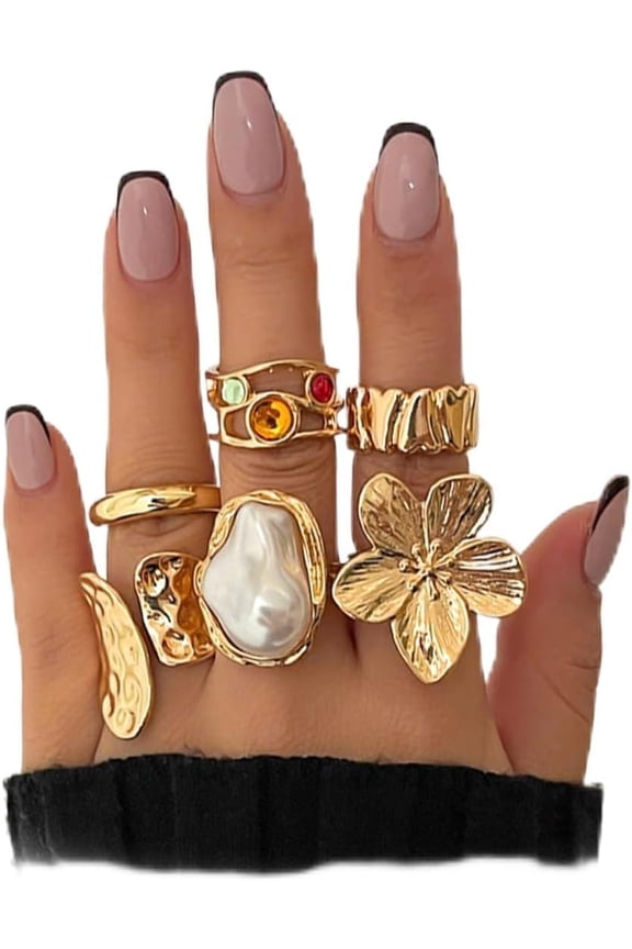 Chunky Pearl Flower Knuckle Rings Set,Vintage Plated Gold Baroque Pearl Floral Statement Rings Set,Trendy Stackable Open Joint Finger Rings