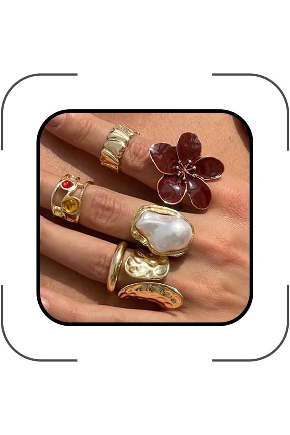 Chunky Pearl Flower Knuckle Rings Set,Vintage Plated Gold Baroque Pearl Floral Statement Rings Set,Trendy Stackable Open Joint Finger Rings