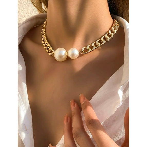 Chunky Pearl Necklace - Pearl Statement Necklace- Gold Chain Necklace
