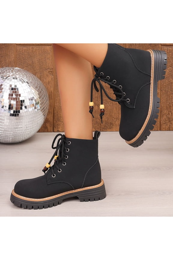 Chunky Platform Combat Boots Music Festival Outfits, Wood Bead Lace Up Booties Country Concert Wear, Comfortable Lug Sole Shoes Autumn Casual Strolling,Street Style Trend, Black 8.5