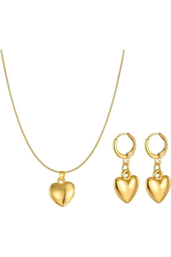 Chunky Puffy Heart Jewelry Set for Women Gold Love Dangle Earrings Pendant Necklace Set Valentine's Day Wedding Accessories Gifts[c6785]