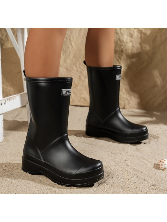 Chunky Rain Boots,Women's Mid Calf Chunky Rubber Rain Boots, Waterproof Solid Color Thick Sole Non Slip Protective Work Outdoor Mud Garden Water Shoes With Wide Calf Comfort Footwear,Black 6.5