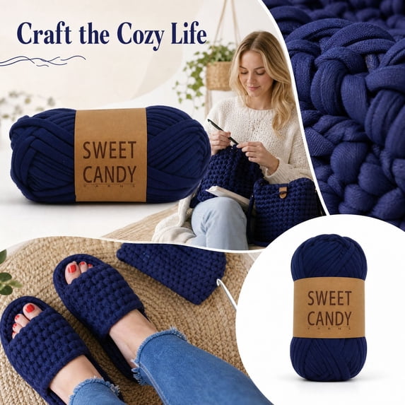 Chunky Ribbon Yarn for Crochet, Thick Polyester T-Shirt Yarn for Knitting DIY Slippers Bags Baskets, Soft Durable Flat Cord for Beginners Home Decor Crafts, Navy Blue 1 Skein