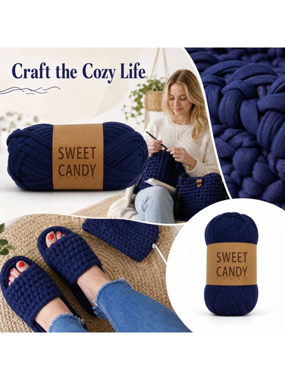 Chunky Ribbon Yarn for Crochet, Thick Polyester T-Shirt Yarn for Knitting DIY Slippers Bags Baskets, Soft Durable Flat Cord for Beginners Home Decor Crafts, Navy Blue 1 Skein