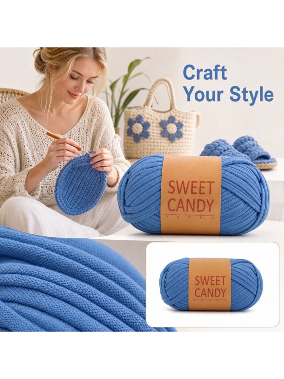 Chunky Ribbon Yarn for Crochet, Thick Polyester Tape Yarn for Knitting DIY Slippers Bags Hats, Soft Durable Washable Craft Supplies for Beginners, 1 Ball Blue