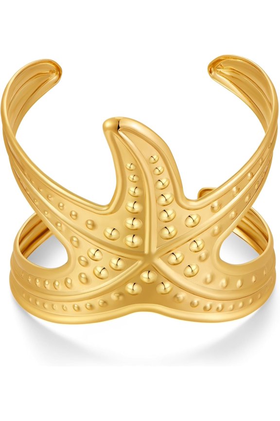 Chunky Shell Cuff Bracelets for Women Wide Hammered Starfish Bracelet Coral Reef Bracelet Boho Summer Beach Statement Bracelets