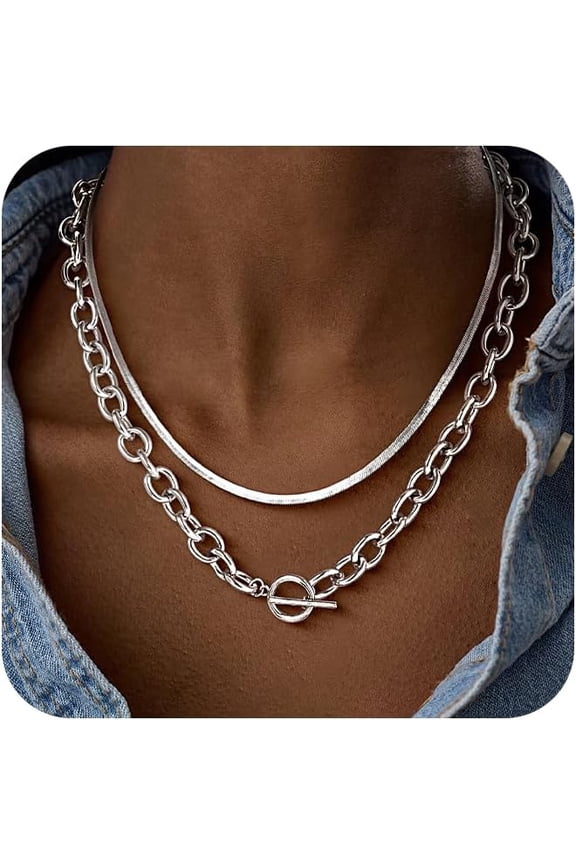 Chunky Silver Necklace for Women, Trendy Silver Plated Chain Necklace Layered Paperclip Herringbone Cuban Link Chain Necklace Thick Toggle Necklaces Non Tarnish Womens Jewelry