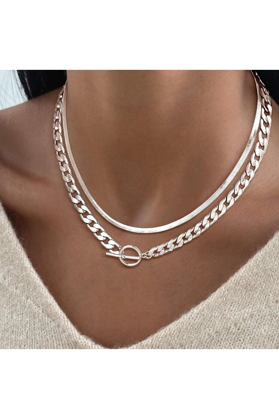 Chunky Silver Necklace for Women, Trendy Silver Plated Chain Necklace Layered Paperclip Herringbone Cuban Link Chain Necklace Thick Toggle Necklaces Non Tarnish Womens Jewelry