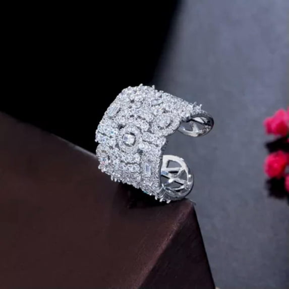Chunky Silver Plated CZ Big Open Cuff Ring Cubic Zirconia Cocktail Party Jewelry