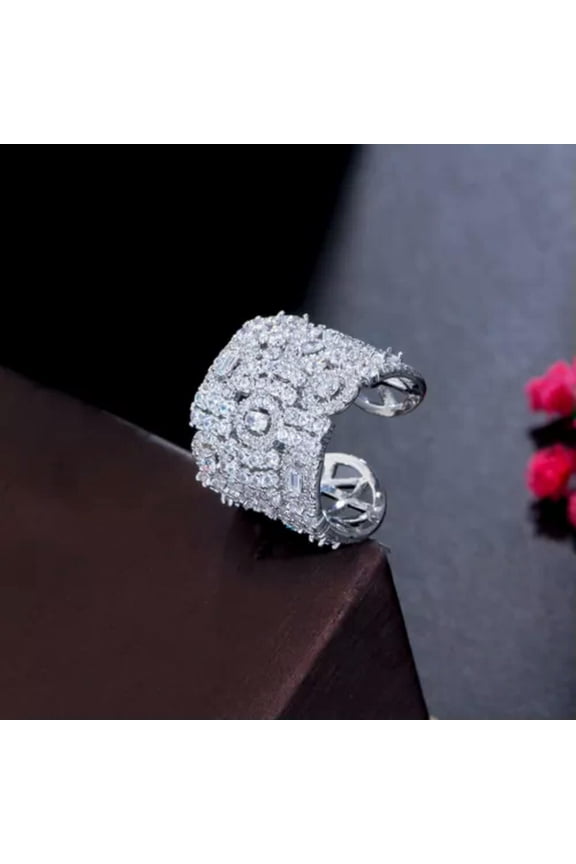Chunky Silver Plated CZ Big Open Cuff Ring Cubic Zirconia Cocktail Party Jewelry