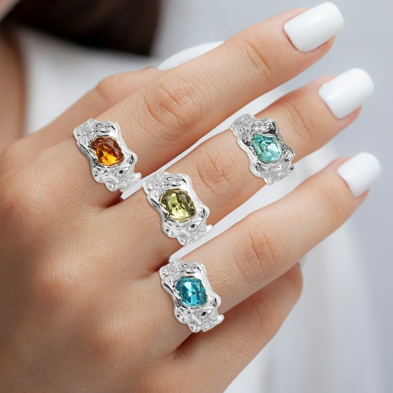 Chunky Silver Rings Set for Women Adjustable Crystal Stackable Ring Open Vintage Statement Jewelry, Silver Tone, 4 Pack