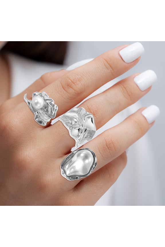 Chunky Silver Rings Set for Women Adjustable Pearl Stackable Ring Open Vintage Statement Jewelry, Silver Tone, 3 Pack