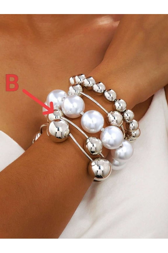 Chunky Silver-Tone Ball & Faux Pearl Stretch Bracelet Set - Color B