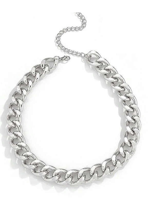 Chunky Silver-Tone Metal Chain Choker Necklace One Piece