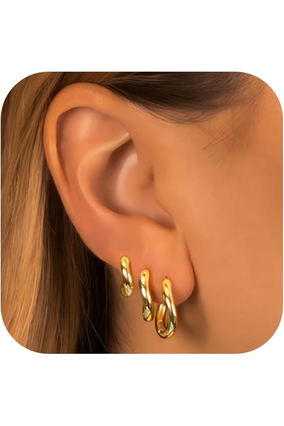 Chunky Small Gold Hoop Earrings Set For Women, Dainty 14K Gold Plated Huggie Earrings Stack For Women Trendy, Hypoallergenic Lightweight Thick Huggie Hoops Stackable Earrings For Women Gift [Z1]