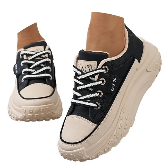 Chunky Sneakers for Women Thick Soled Non Slip Lace up Platform Shoes Running Tennis Athletic Breathable Sports Footwear Black Size 6.5