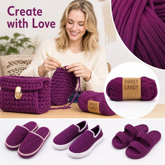 Chunky T-Shirt Yarn for Crochet, Polyester Ribbon Yarn for Knitting Slippers Bags Baskets, Durable Washable DIY Craft Supplies, Quick Project Handmade Home Decor, 1 Ball Purple