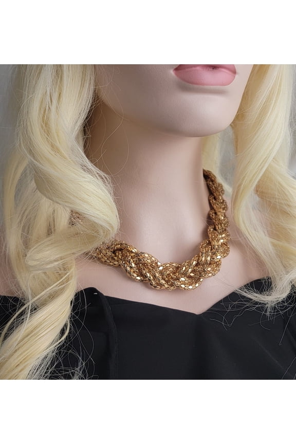 Chunky Thick Gold Tone Braided Chain Mail Link Adjustable Choker Collar Necklace Womens Adult