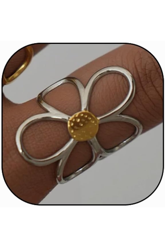 Chunky Thumb Rings For Women, Minimalist Big Hollow Flower Curve Geometry Adjustable Non Tarnish Stainless Steel Jewelry Gift