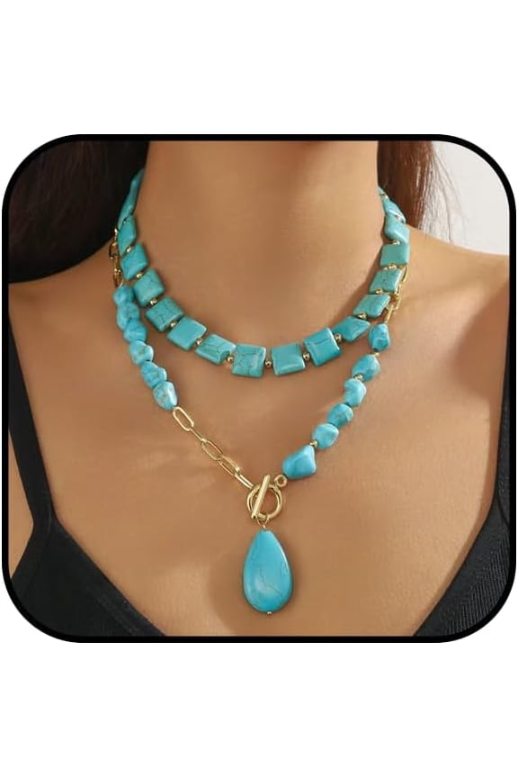 Chunky Turquoise Necklace for Women Trendy Western Necklace Gold Turquoise Choker Necklaces Handmade Boho Toggle Collar Jewelry[o410]