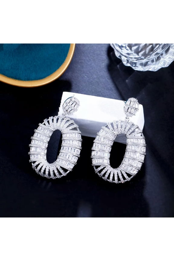 Chunky White Gold Plated CZ Crystal Bridal Wedding Long Oval Dangle Drop Earring