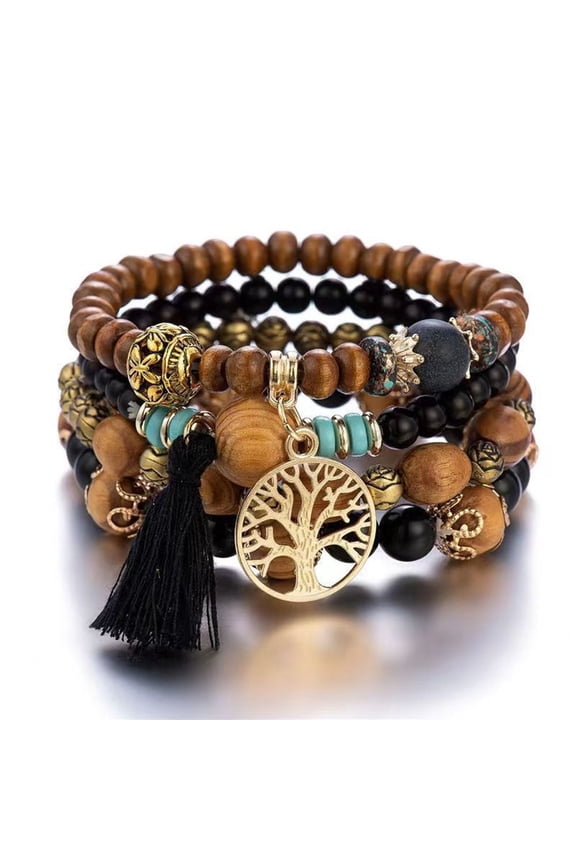 Chunky Wood Bead Bracelet Handmade Bohemian Stretch Cuff for Men & Women