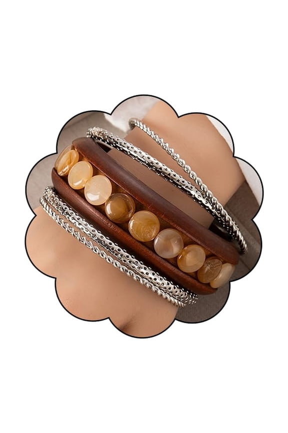 Chunky Wooden Bracelet Set for Women Wood Silver Stackable Statement Bangle, Crystal, Style P6753