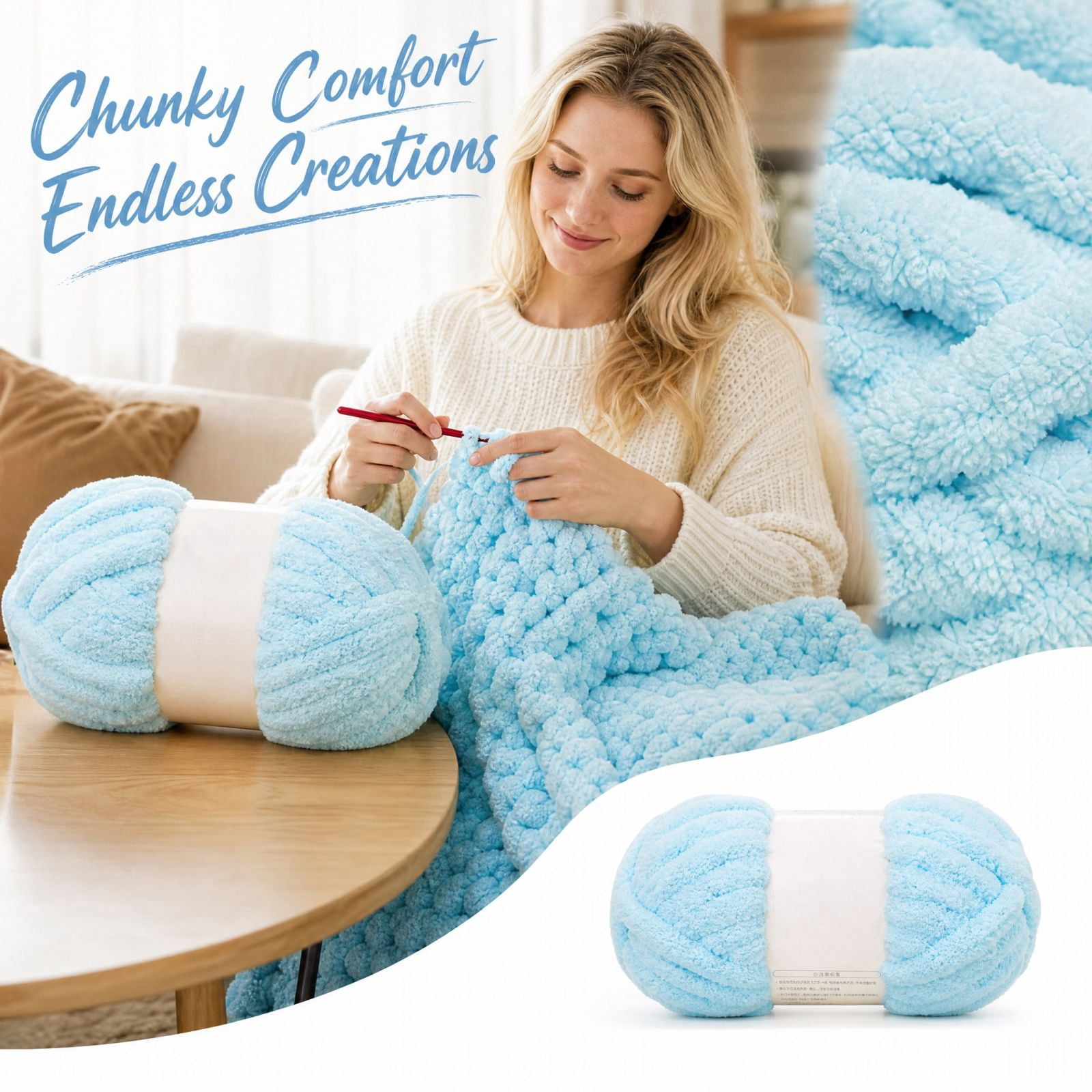 Chunky Yarn for Hand Knitting - #10 Chunky Chenille Blanket Yarn, Jumbo