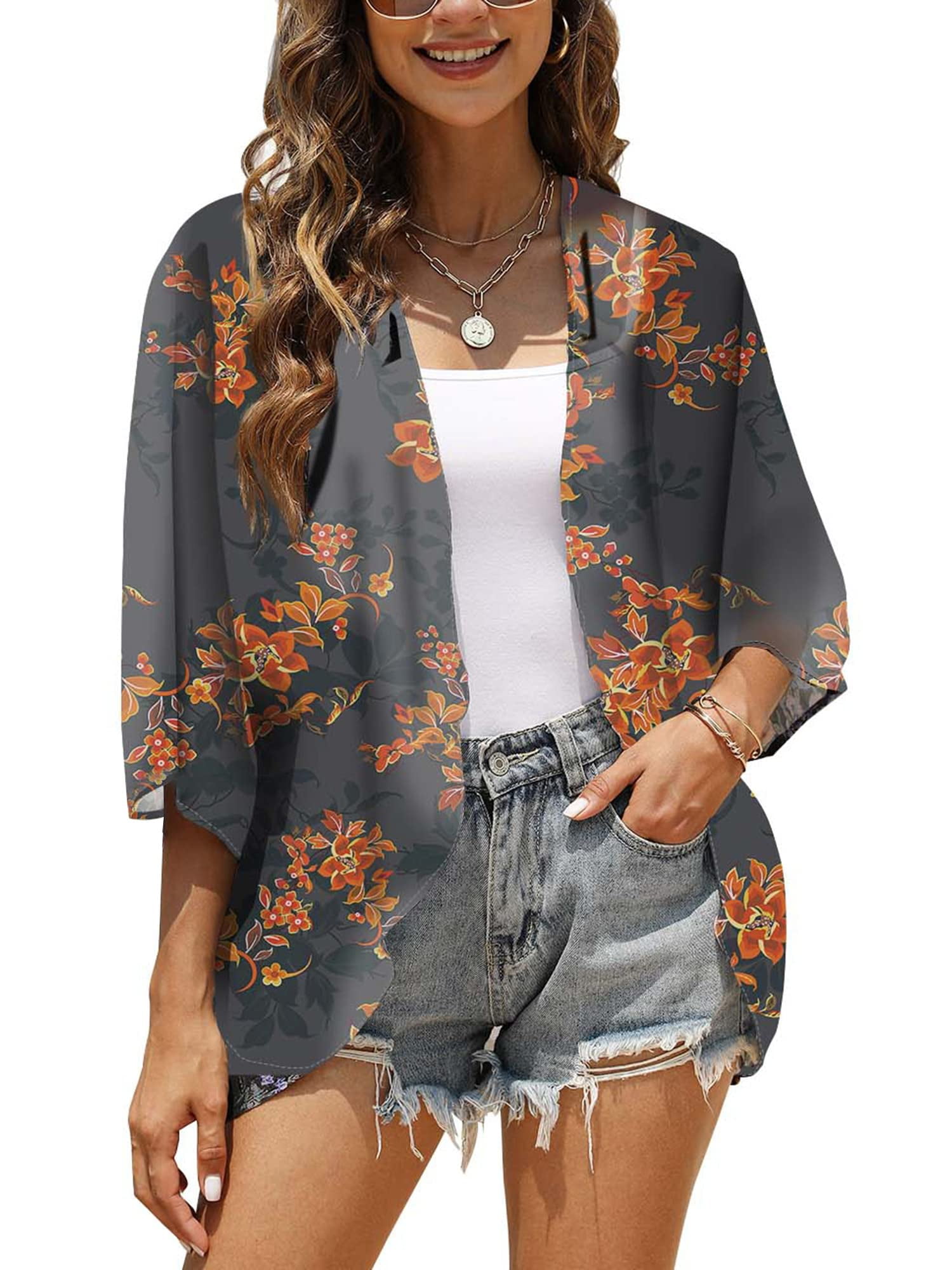 Women Casual Floral Short Sleeve Chiffon Kimono Shawl Blouse Top :  : Clothing, Shoes & Accessories