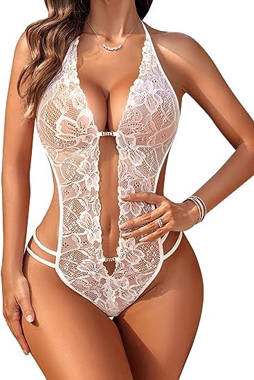 Chunoy Women Sexy Lingerie One Piece Lace Lingerie Bodysuit Deep V