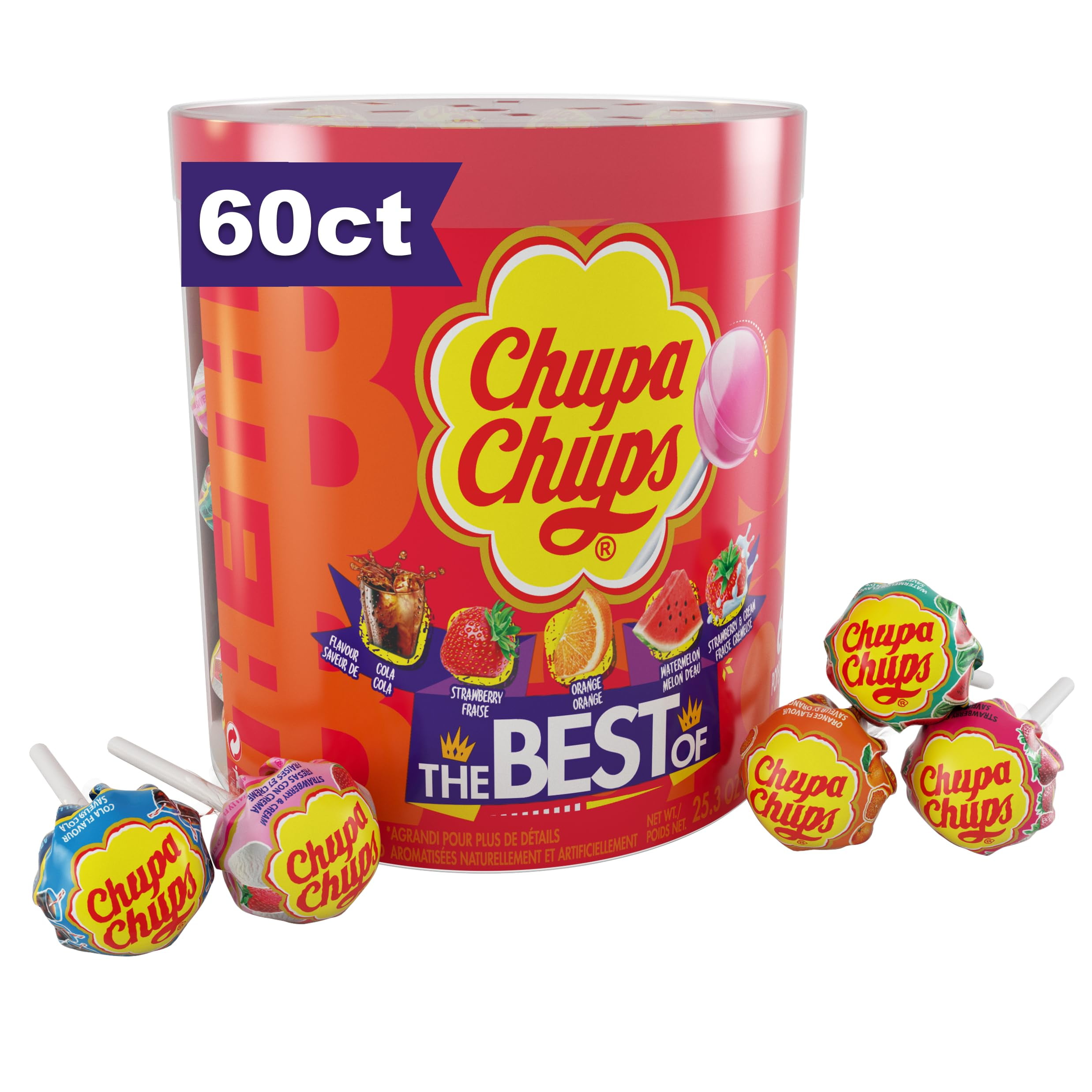 Chupa Chups Best Of BDF6Halloween Trick or Treat Candy Lollipop Variety Assortment, 5 Flavors, Individually Wrapped Bulk Candy for Adults & Kids, 25.3 oz Drum (60 Suckers)