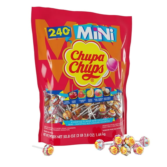 Chupa Chups Mini Lollipop BCF26 Assortment, 5 Flavors, Individually Wrapped Candy for Kids, 50.8 Oz Bag (240 Suckers)