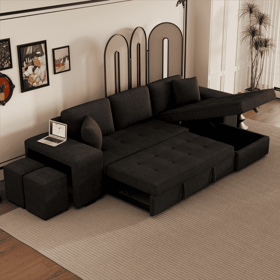 Harper & Bright Designs L-Shape Sectional Sofa Couch with Pull Out Sleeper Sofa Bed with Storage Chaise and 2 Stools, 3 Seat Chenille Reversible Couch with Storage Armrest, Charcoal grey