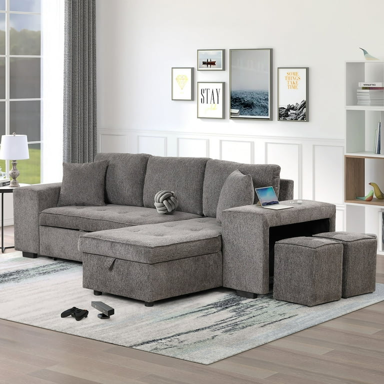 Churanty 104 Reversible Sectional Couch with Pull Out Bed L Shape 3 Seat Sleeper Sofa with Storage Chaise and 2 Stools for Living Room Knox Charcoal
