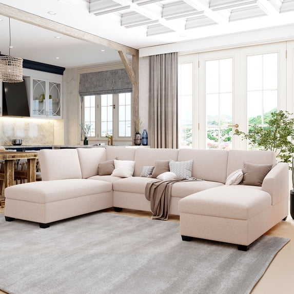 Harper & Bright Designs 117" U Shape Modern Sectional Sofa Set Large Size Linen Modular Sectional with Chaise Lounge for Living Room, Beige