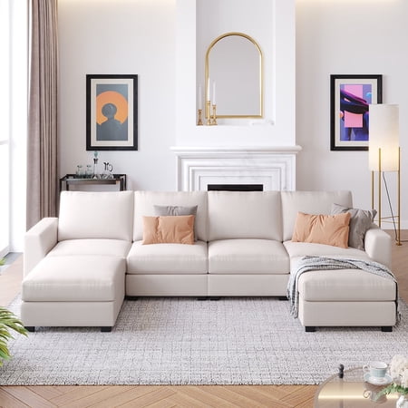 Harper & Bright Designs 130" U Shaped Sectional Sofa Sets with Removable Ottomans, Upholstered Living Room Sectional Couch Set, Beige