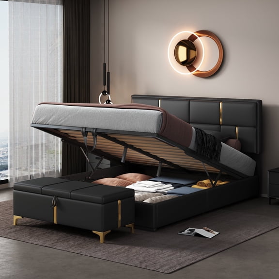 Harper & Bright Designs 2-Pieces Bedroom Sets, Queen Size Upholstered Platform Bed with Hydraulic Storage System, Storage Ottoman with Metal Legs, Black