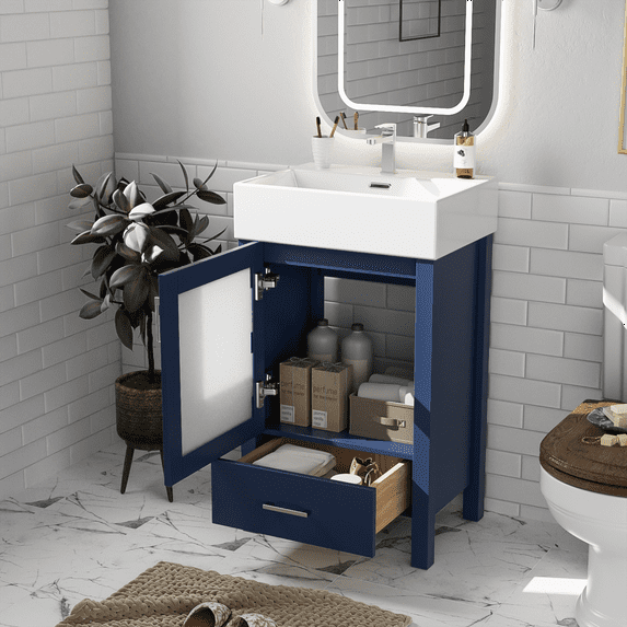 Harper & Bright Designs 20" Small Bathroom Vanity with Sink, Bathroom Vanity Cabinet with Ceramic Top and Storage Drawer, Blue