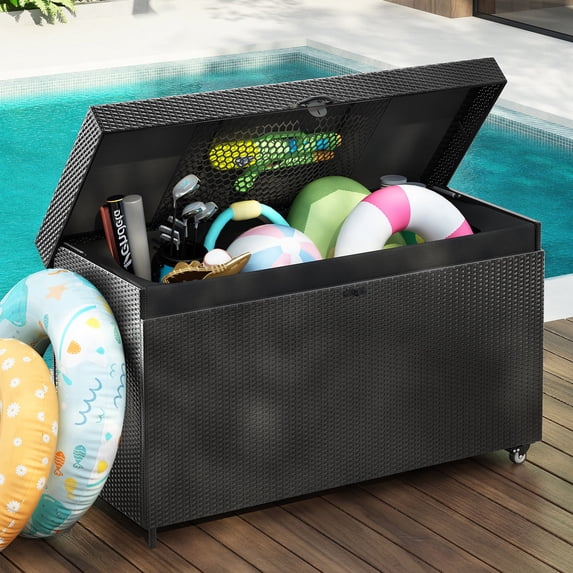 Harper & Bright Designs 200 Gallon Wicker Deck Box with Wheels, All-Weather Outdoor Storage Box, Rattan Storage Bin for Patio Furniture, Outdoor Cushions, Pool Storage and Garden Tools, Black
