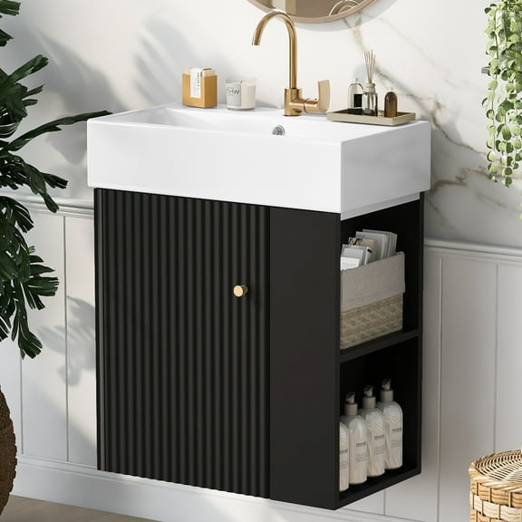 Harper & Bright Designs 21.6" Floating Bathroom Vanity with Sink Set, Small Bathroom Vanity Cabinet with Ceramic Top and Right Side Storage, Black