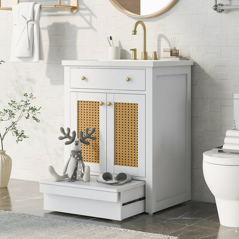 24” Pedestal Sink Bathroom Vanity Cabinet - White with 2 Shelves Vanities