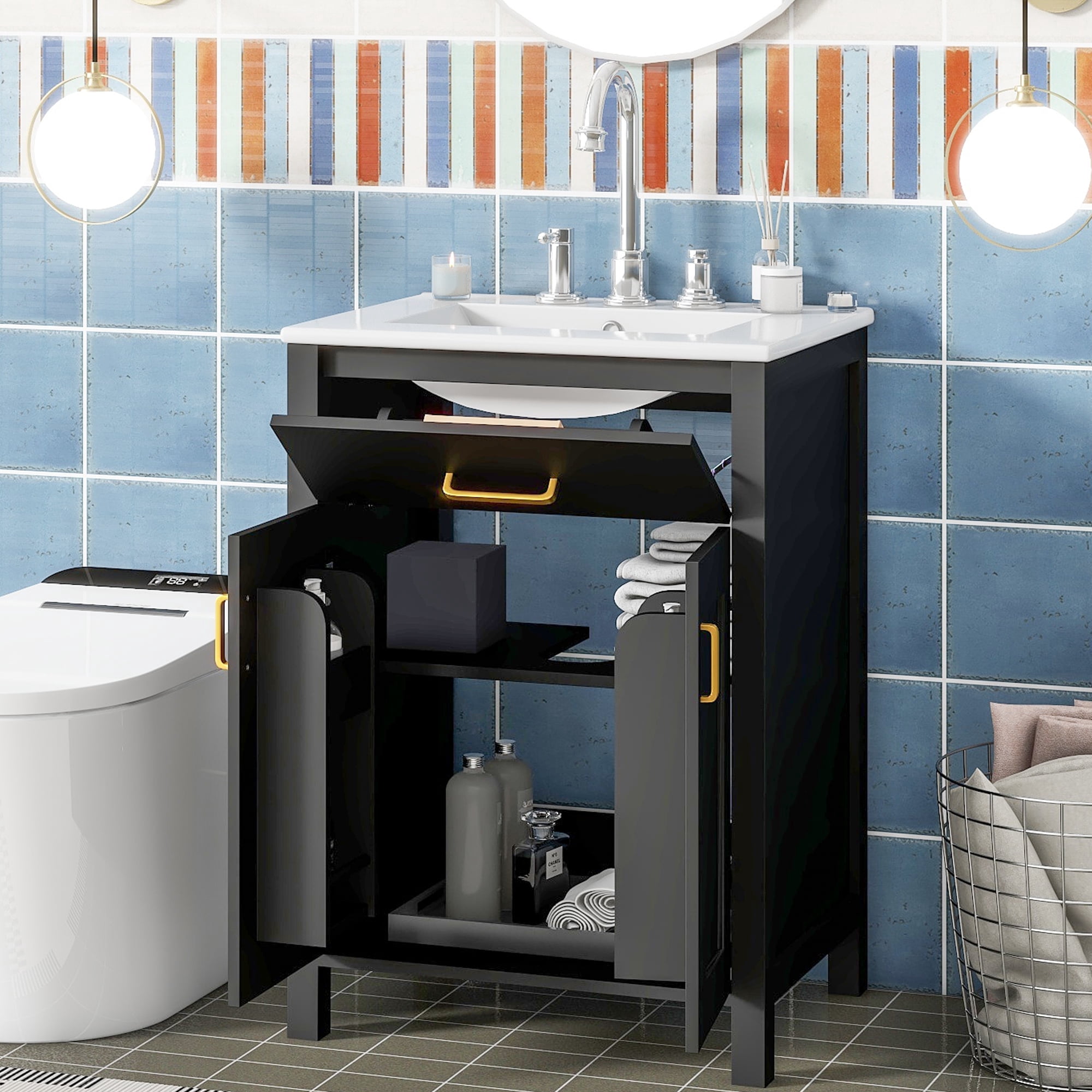 Harper & Bright Designs 24" Bathroom Vanity Combo with Ceramic sink, Small Bathroom Vanity Cabinet with 2 Storage Soft Close Doors, Black
