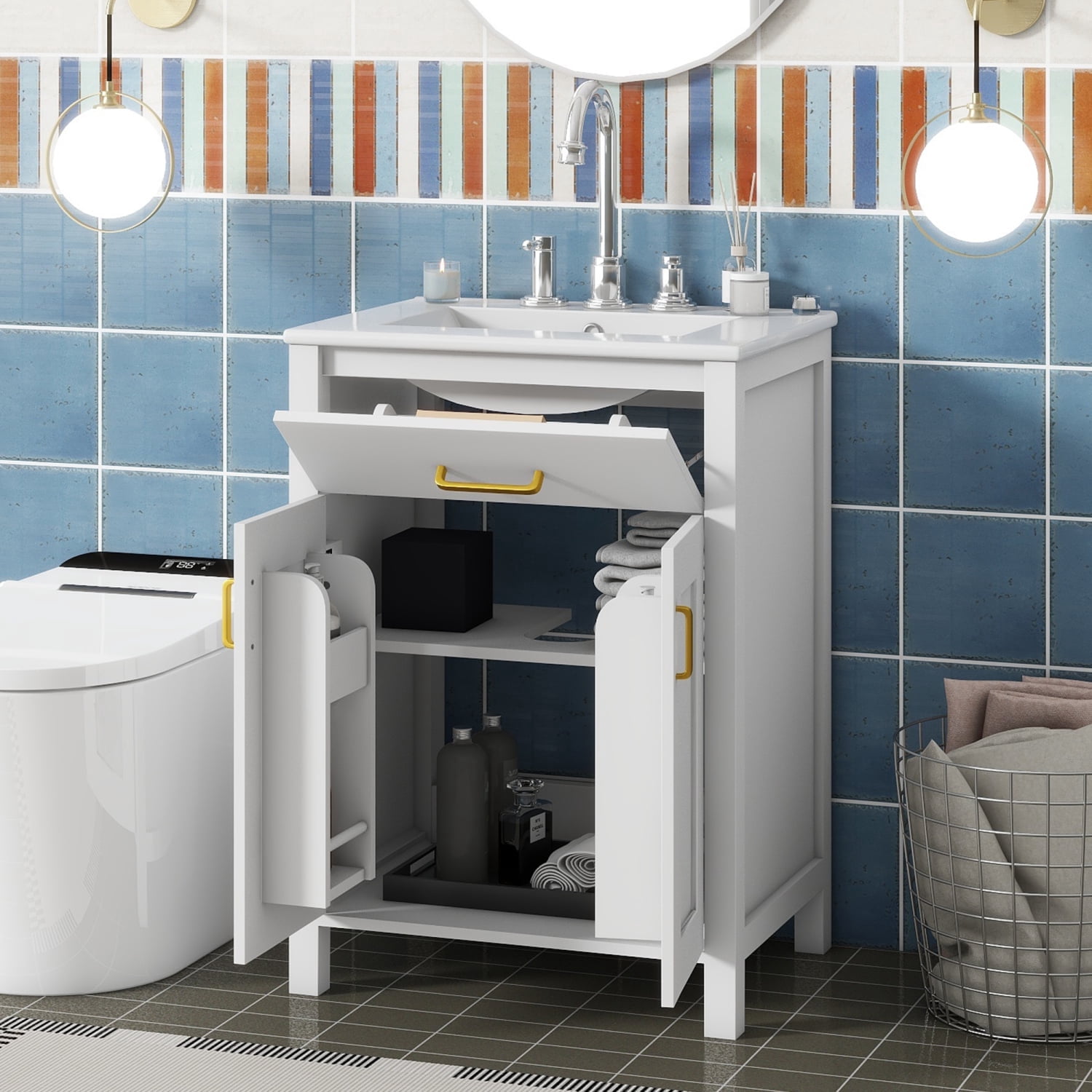 Harper & Bright Designs 24" Bathroom Vanity Combo with Ceramic sink, Small Bathroom Vanity Cabinet with 2 Storage Soft Close Doors, Gold+White