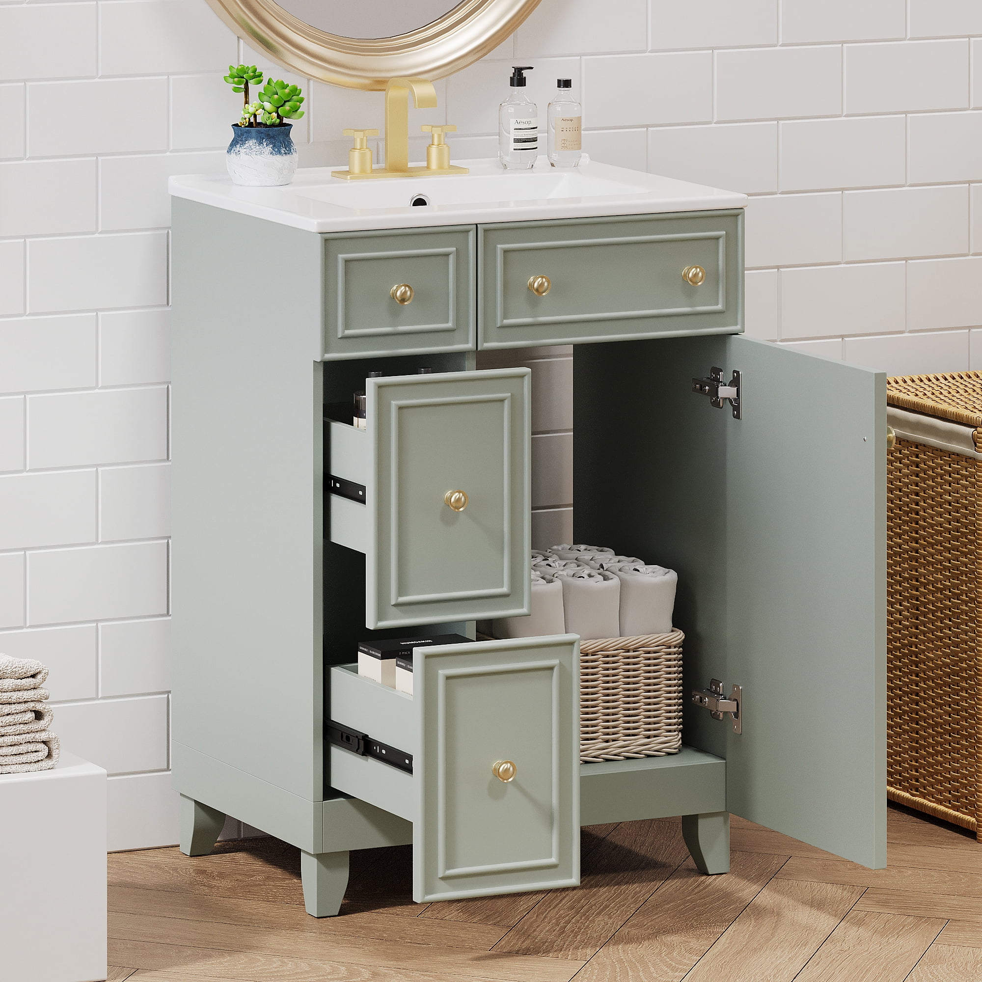 Harper & Bright Designs 24" Small Bathroom Vanity with Sink Set, Bathroom Combo Cabinet Undermount Sink with 2 Storage Drawers, Green