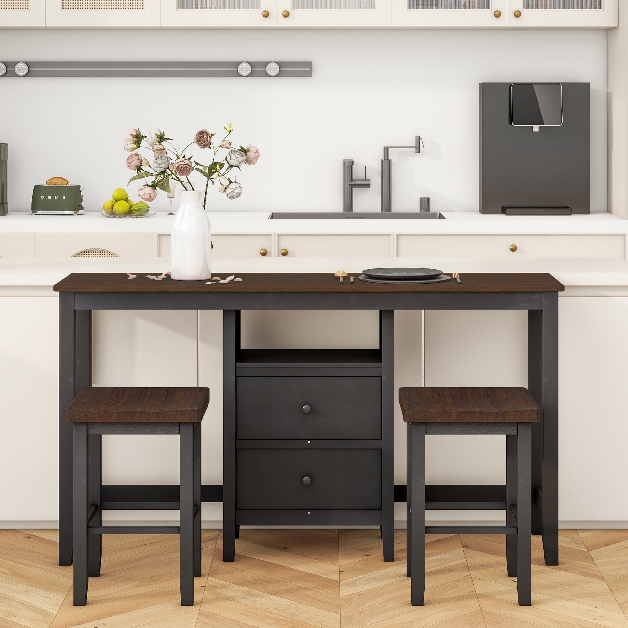 Giantex 3-Piece Counter Height Dining Set - Table With 2 Stools & 3-Tier Shelf, 48\" X 24\", For Small Spaces